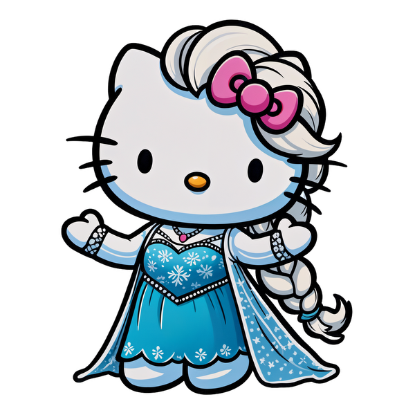 This adorable character combines Hello Kitty and Elsa, featuring a sparkly blue dress, braid, and a signature pink bow.DTF Transfers