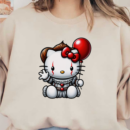 This playful illustration features a cute Hello Kitty dressed as a clown, complete with a red balloon and whimsical details.DTF Transfers