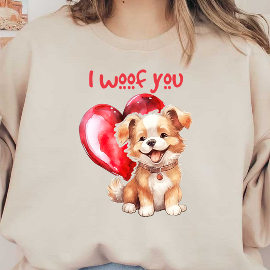 Una linda ilustración de un perro sonriente sentado junto a un corazón rojo, con el texto divertido "I woof you".