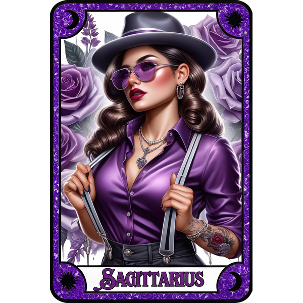 A stylish Sagittarius illustration featuring a woman in a purple shirt, suspenders, sunglasses, and a hat, surrounded by roses.dtf regular iron