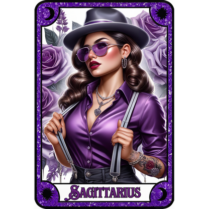 A stylish Sagittarius illustration featuring a woman in a purple shirt, suspenders, sunglasses, and a hat, surrounded by roses.dtf regular iron