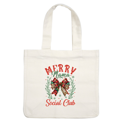 Festive "Merry Mama Social Club" design featuring a vibrant bow with leopard print, surrounded by greenery and holiday elements. heat press transfers