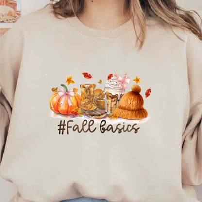 Embrace autumn with cozy elements: pumpkins, a knitted hat, delicious coffee, and rustic boots, highlighted by #FallBasics! dtf prints