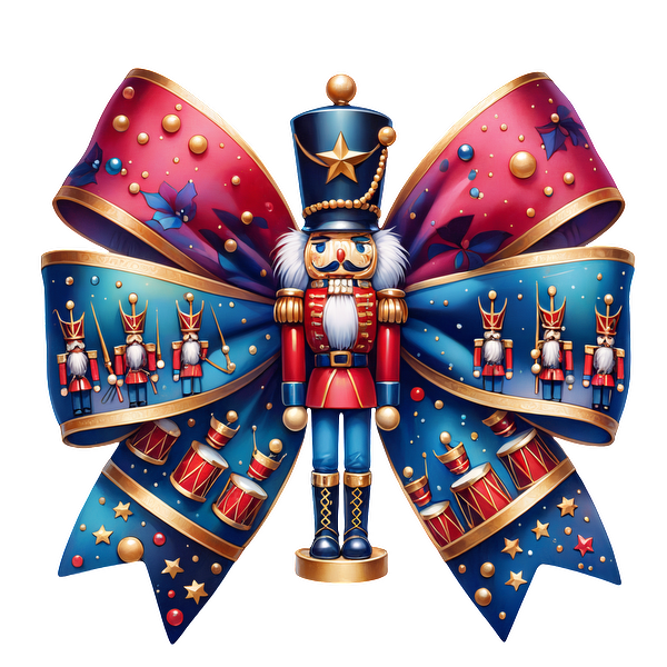 A festive nutcracker figurine stands center stage, adorned with a vibrant blue and red bow featuring toy soldiers and drums. heat press transfers