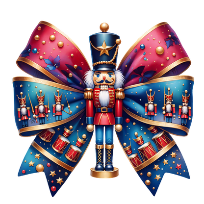 A festive nutcracker figurine stands center stage, adorned with a vibrant blue and red bow featuring toy soldiers and drums. heat press transfers