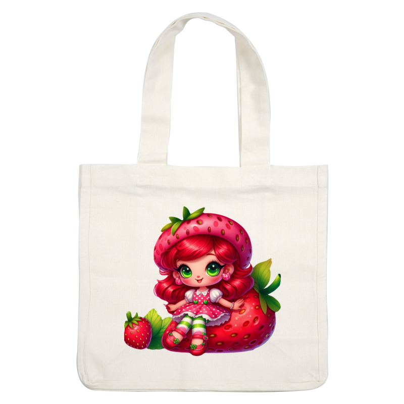 Adorable strawberry-themed character with vibrant red hair, green eyes, and playful attire, sitting cheerfully on a large strawberry.DTF Transfers