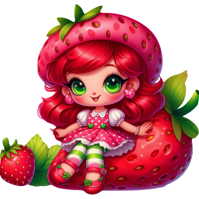 Adorable strawberry-themed character with vibrant red hair, green eyes, and playful attire, sitting cheerfully on a large strawberry.DTF Transfers