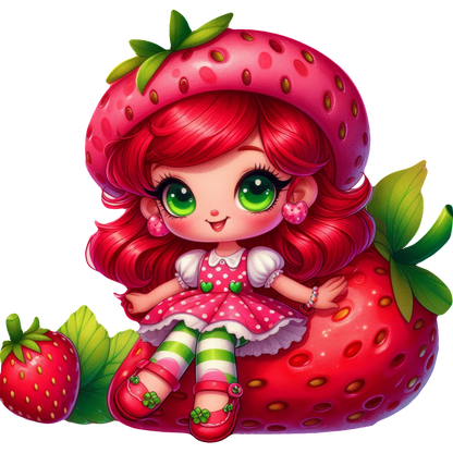 Adorable strawberry-themed character with vibrant red hair, green eyes, and playful attire, sitting cheerfully on a large strawberry.DTF Transfers