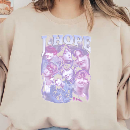 A vibrant collage featuring J-Hope, showcasing multiple expressive images with a colorful, artistic design and bold lettering.DTF Transfers dtf prints