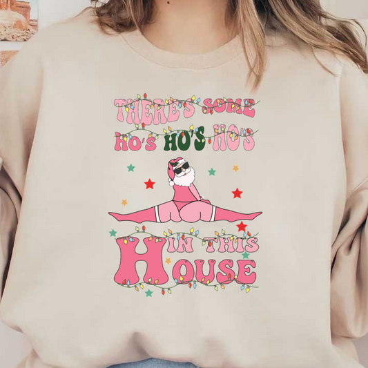 This playful holiday graphic features a Santa figure in a pink outfit, surrounded by festive lights and text.