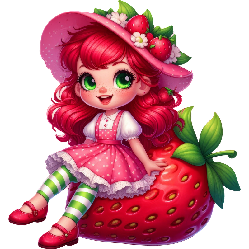 A whimsical illustration of a girl with vibrant red hair, wearing a pink dress and sitting on a giant strawberry.DTF Transfers