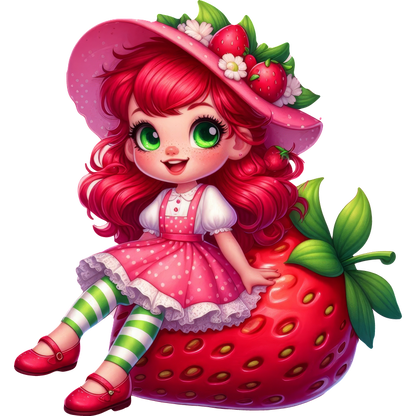 A whimsical illustration of a girl with vibrant red hair, wearing a pink dress and sitting on a giant strawberry.DTF Transfers