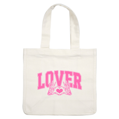 A playful pink graphic featuring the word "LOVER" with hand illustrations cradling a heart, embodying a romantic spirit.DTF Transfers