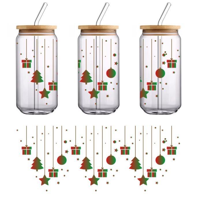 A festive design featuring hanging Christmas trees, ornaments, stars, and gifts, all in vibrant red and green colors.UV Transfers dtf transfers