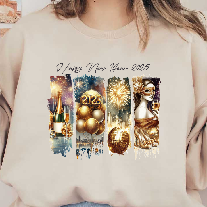 Celebrate with glamour and sparkle in this vibrant New Year 2025 design featuring champagne, festive decor, and dazzling fireworks!DTF Transfers