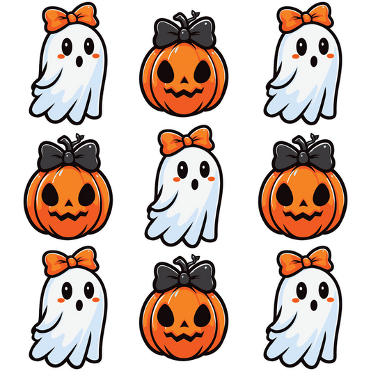 A cheerful collection of cartoon ghosts and pumpkins, complete with bows, perfect for Halloween-themed decorations or graphics.dtf regular iron