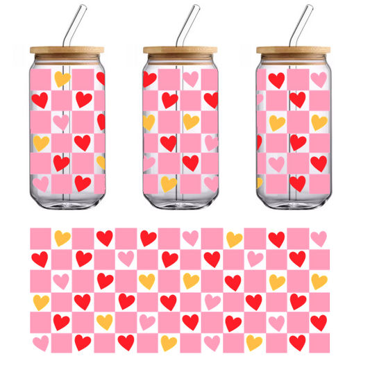 Heart-shaped crayon with a checkered box of pink and white.UV Transfers