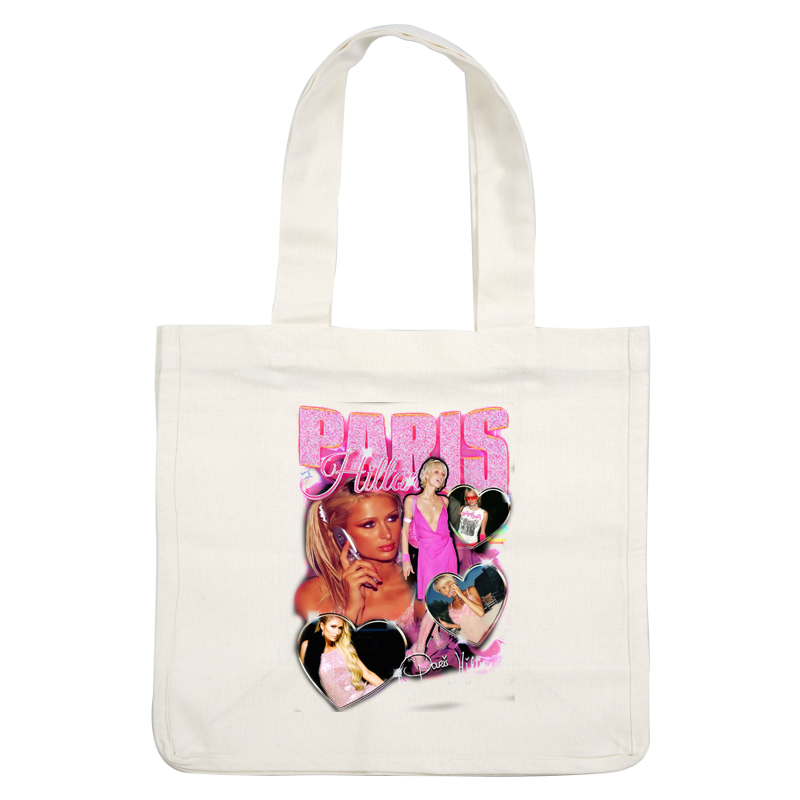 A vibrant collage featuring Paris Hilton in various glamorous outfits, showcasing her iconic style with playful heart-shaped frames.DTF Transfers dtf prints