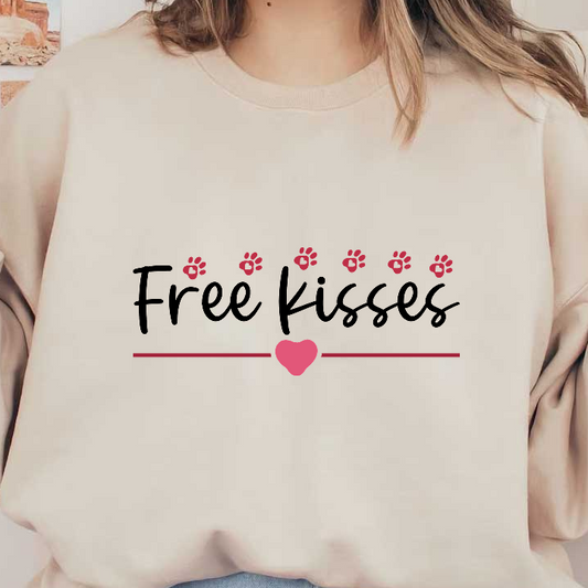 A playful design featuring the phrase "Free kisses" adorned with cute paw prints and a heart, perfect for pet lovers!DTF Transfers