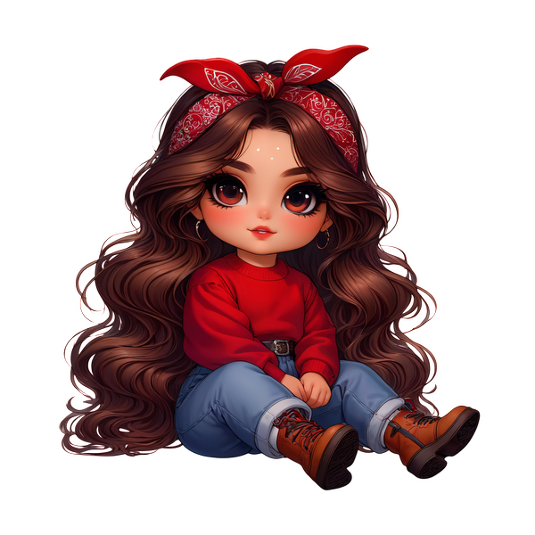 Una linda chica de dibujos animados con cabello largo y ondulado, que viste un suéter rojo, jeans azules y botas marrones, y lleva un pañuelo como accesorio.