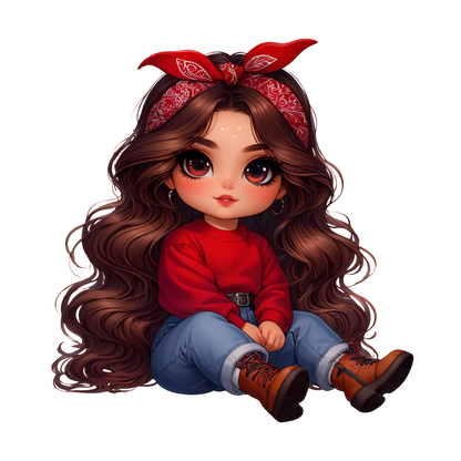 Una linda chica de dibujos animados con cabello largo y ondulado, que viste un suéter rojo, jeans azules y botas marrones, y lleva un pañuelo como accesorio.