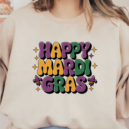 Celebrate with vibrant "Happy Mardi Gras" lettering in purple, green, and gold, adorned with festive sparkles and a fleur-de-lis!DTF Transfers