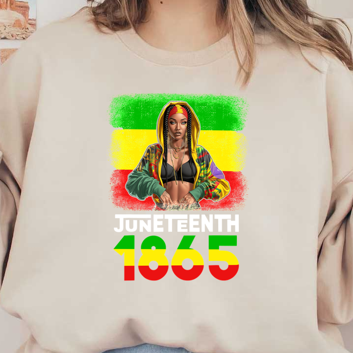 A vibrant illustration celebrating Juneteenth 1865, featuring a stylish woman in a colorful hoodie with a bold background. dtf transfers