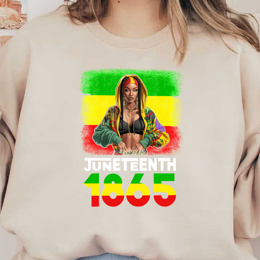 A vibrant illustration celebrating Juneteenth 1865, featuring a stylish woman in a colorful hoodie with a bold background. dtf transfers