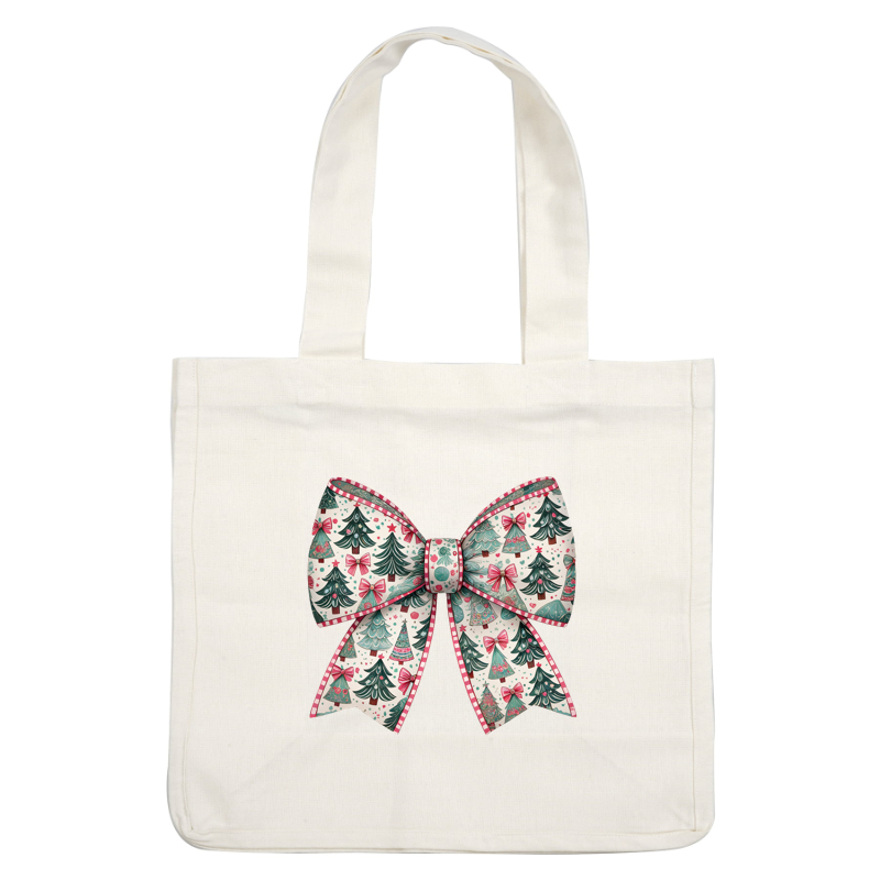 A festive Christmas bow adorned with a playful pattern of trees, ornaments, and ribbons, perfect for holiday decorations. heat press transfers