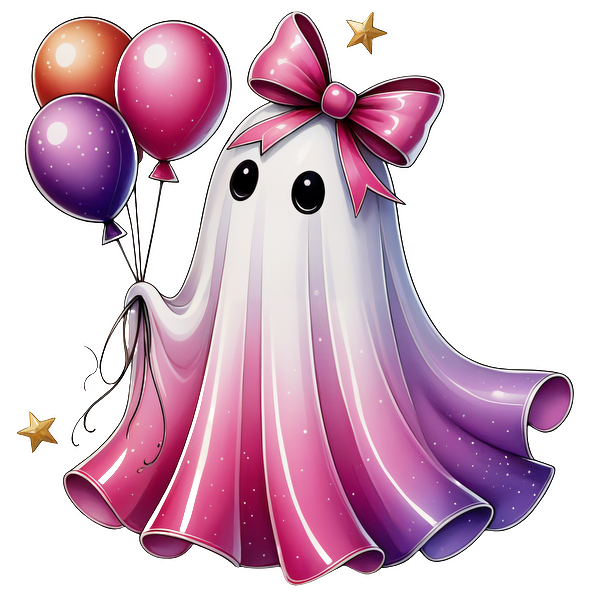 Un lindo fantasma caricaturesco con un lazo rosa y globos coloridos, que presenta un diseño ombré caprichoso en rosa y morado.