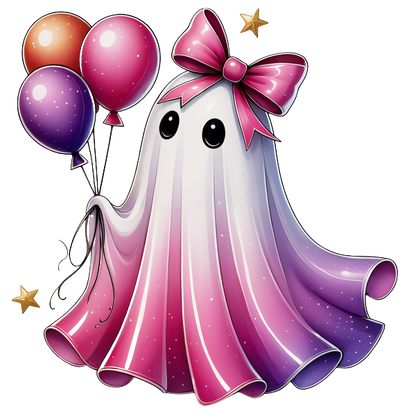 Un lindo fantasma caricaturesco con un lazo rosa y globos coloridos, que presenta un diseño ombré caprichoso en rosa y morado.