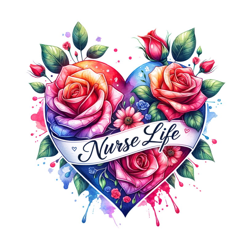 Celebrate the caring spirit of nurses with this vibrant, floral heart design featuring colorful roses and the phrase "Nurse Life."DTF Transfers