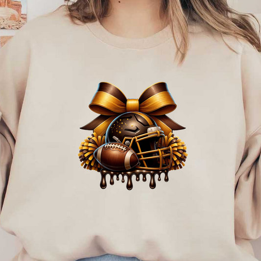 A festive design featuring a football helmet and football, adorned with a glossy gold and brown ribbon.DTF Transfers heat press transfers