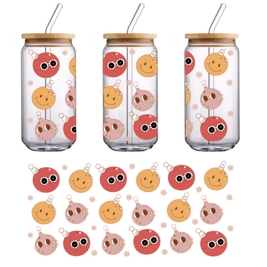 A fun, colorful pattern featuring cheerful round ornaments with smiling faces and playful expressions, perfect for festive decorations!UV Transfers heat press transfers