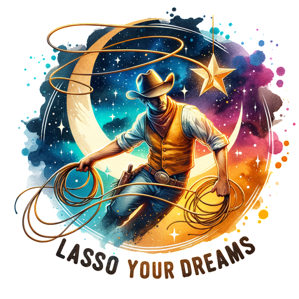 Una vibrante ilustración de un vaquero enlazando estrellas contra un fondo cósmico, acompañada de la inspiradora frase "Ata tus sueños".