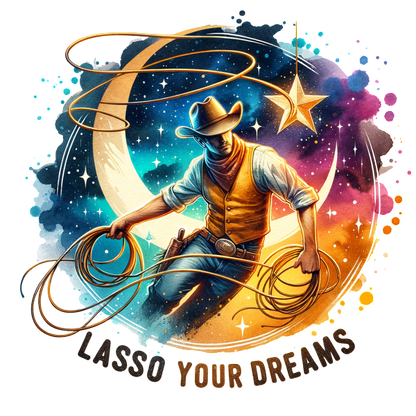 Una vibrante ilustración de un vaquero enlazando estrellas contra un fondo cósmico, acompañada de la inspiradora frase "Ata tus sueños".