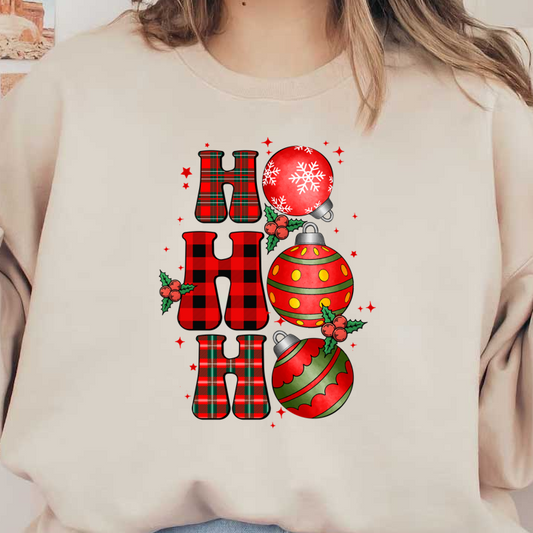 Festive "Ho Ho Ho" design featuring plaid letters and colorful Christmas ornaments, perfect for holiday decorations! dtf transfers