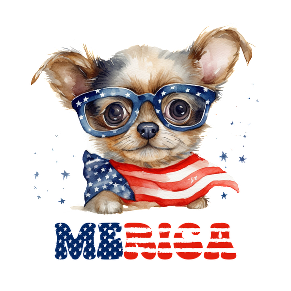 Un simpático cachorro de dibujos animados que usa anteojos y una capa con la bandera estadounidense, y que presenta el divertido texto "MERICA" debajo.