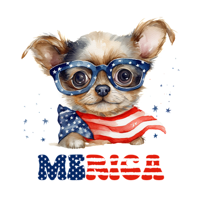 Un simpático cachorro de dibujos animados que usa anteojos y una capa con la bandera estadounidense, y que presenta el divertido texto "MERICA" debajo.