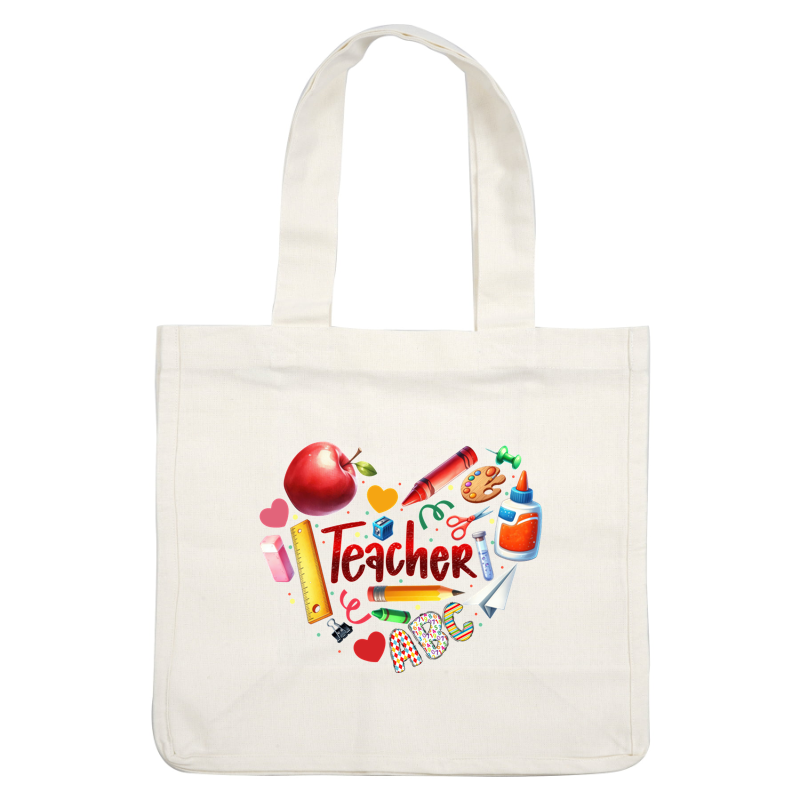 Celebrate education with this vibrant collection of school supplies, an apple, and a heartwarming "Teacher" centerpiece!DTF Transfers