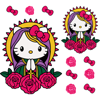 A colorful illustration of Hello Kitty styled as a saint, surrounded by vibrant roses and pink bows, radiates charm and whimsy.DTF Transfers heat press transfers