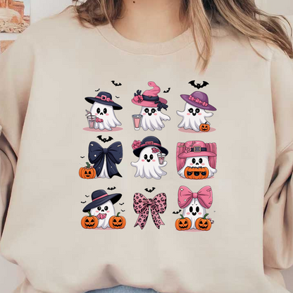 ¡Una divertida colección de lindos fantasmas caricaturescos que incluyen varios sombreros festivos, moños y detalles de calabaza, perfectos para la diversión de Halloween!