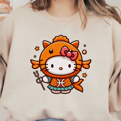 A cute character dressed in an orange fish-themed outfit, complete with a pink bow and a trident, embodying a playful spirit.DTF Transfers heat press transfers