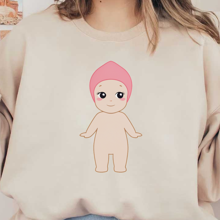 Cute cartoon baby character with a pink cap and smiling face, featuring large eyes and rosy cheeks, perfect for children's themes.DTF Transfers dtf transfers