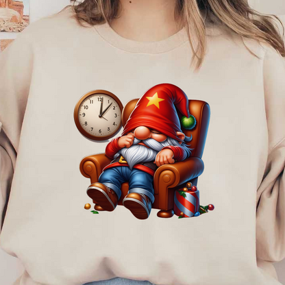 A cozy cartoon gnome in a red hat, napping in an armchair next to a clock and festive decorations.dtf regular iron