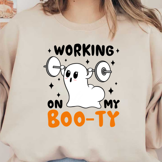 A cute ghost lifting weights with the playful text "Boo-ty" below, perfect for a Halloween fitness theme. dtf transfers