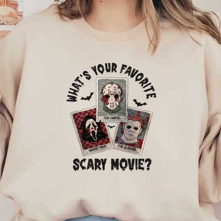 Un gráfico divertido que presenta máscaras de terror icónicas con la pregunta "¿Cuál es tu película de terror favorita?" rodeadas de murciélagos.