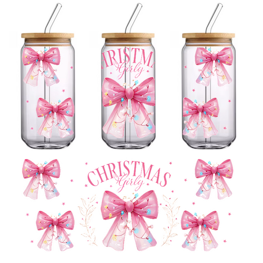 A festive design featuring charming pink bows adorned with colorful accents, perfect for Christmas decorations and celebrations.UV Transfers dtf transfers