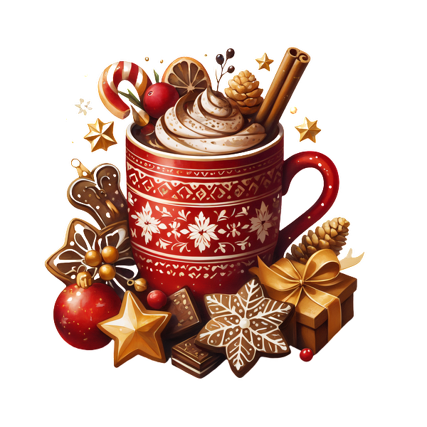 A festive red mug brimming with whipped cream, chocolate, and holiday treats, surrounded by cookies, ornaments, and gifts.dtf regular iron