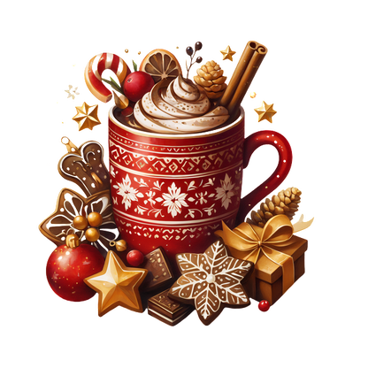 A festive red mug brimming with whipped cream, chocolate, and holiday treats, surrounded by cookies, ornaments, and gifts.dtf regular iron